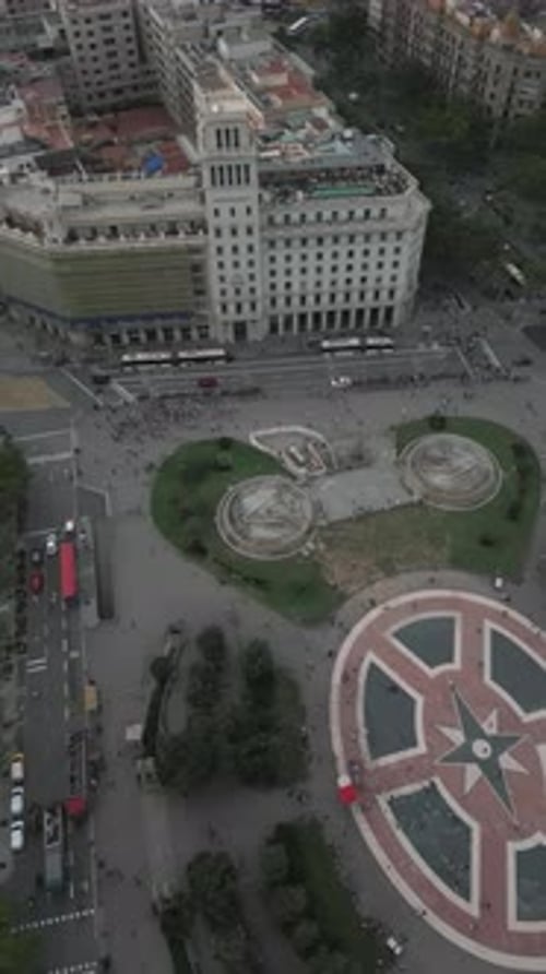 Aerial video of Plaza Catalunya, Barcelona, Spain