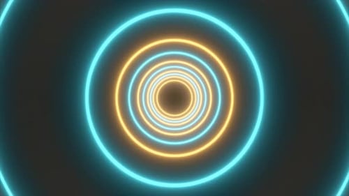 Glowing cyan and golden concentric neon rings forming a futuristic tunnel