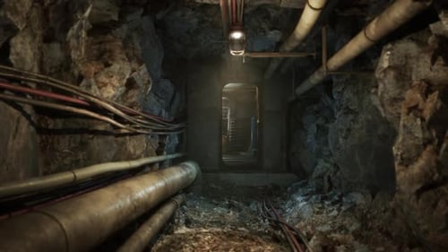 Exploring an Underground Bunker with Exposed Pipes and Dim Lighting