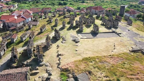 Drone aerial view on granaries near the Castle de Lindoso.