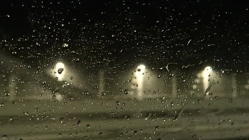 Rain Drops on Window at Night with Lights