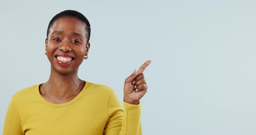 Face, woman and laugh in studio for advertising deal, information and news on white background