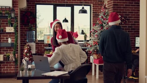 Holiday Gift Exchange in Festive Brick Office