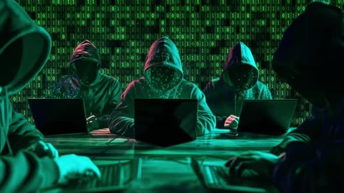 Hooded Hackers Typing with Flowing Binary Code Digital Background