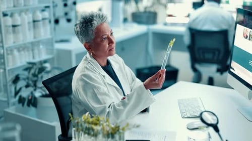 Science, computer and woman with plant sample for medical research, natural vaccines and medicine