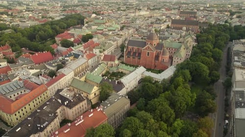 Aerial Tilt View of Neighborhood of Old Krakow City in Poland Europe at Sunrise, Historic Buildings