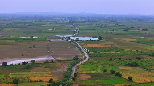 El paisaje presenta un largo camino que atraviesa el medio de vibrantes granjas y campos agrícolas.