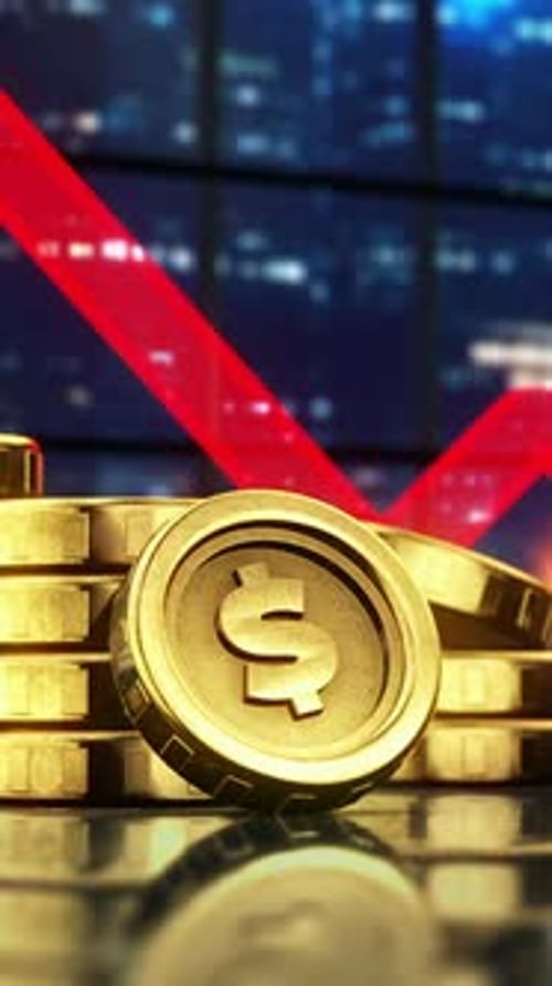 Gold Coins Decline Arrow Down Market Loop