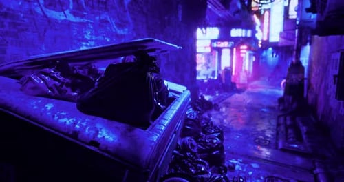 Nighttime Alley Filled with Neon Lights and Urban Waste in a Bustling City