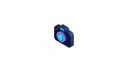 Animated Isometric Digital Camera Icon With Blue Lens On White Background