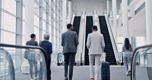 Business people, suitcase and airport escalator for talk, global travel