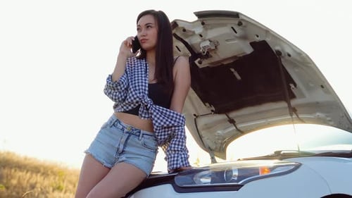 Woman Talking on Phone Next to Car in Field