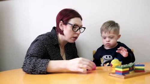 Woman Working with Child Using Toys at Table