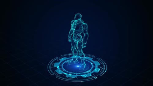 Holographischer Cyborg in futuristischer Grid-Umgebung