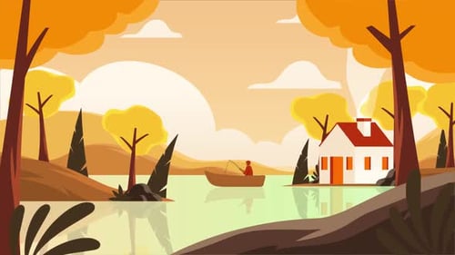Animated Flat Design Autumn Landscape with Fishing Boat