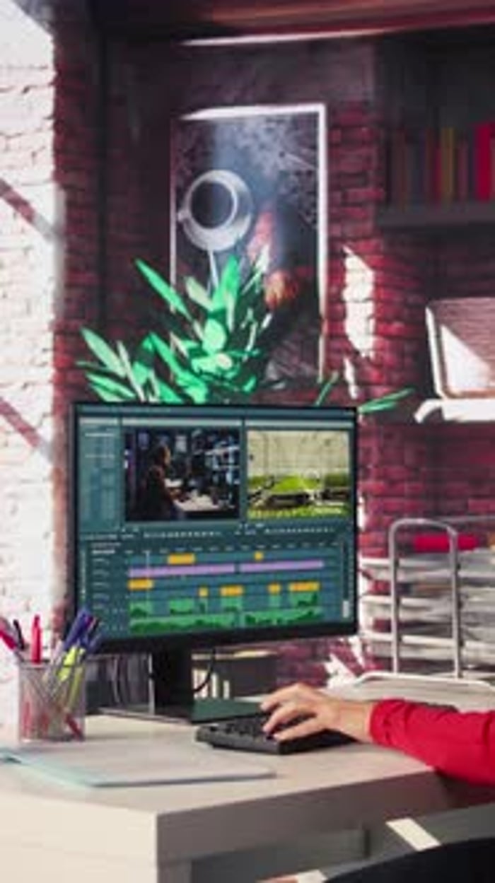 Vertical Video Woman Video Creator Working on Editing a Movie Montage ...