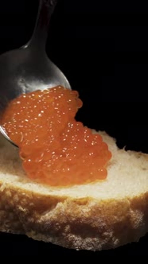 I put a spoonful of red caviar on a rotating piece of baguette. Close-up. Vertical video.