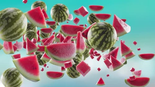 Burst of Watermelon and Watermelon Slices in Beach Tropical Summer Background