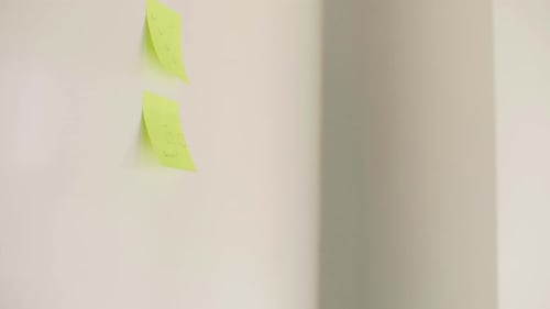 Businesswoman removes adhesive notes from whiteboard in bright modern office