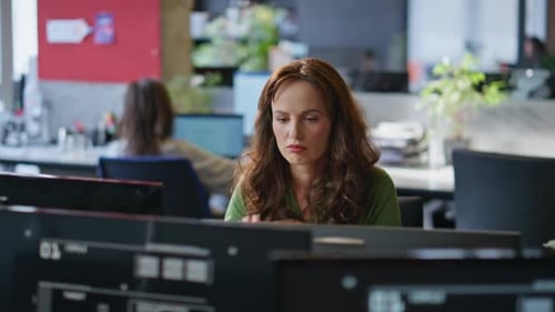 Focused Manager Using Pc Working Office at Open Space Closeup Exhausted Woman