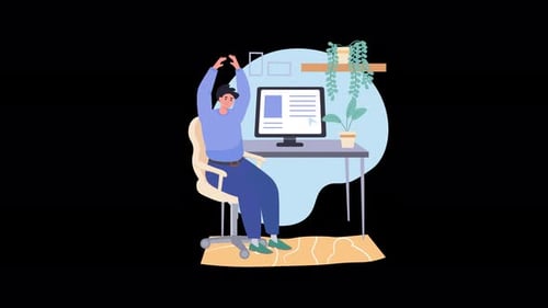 Flat Design Animation of Person Stretching at Workplace Desk