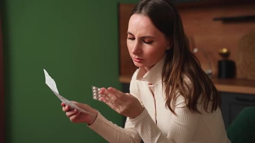Woman Reading Pill Package Insert at Home