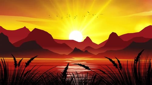 Animated Flat Design Sunset Over Mountain Lake Landscape