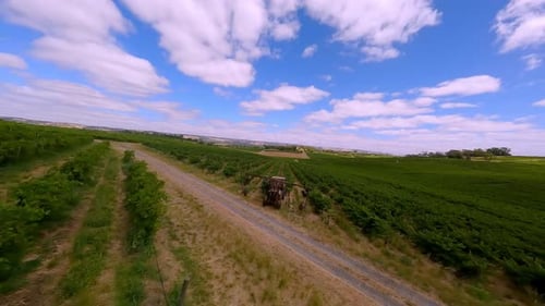 Tractor Driving in Field and Spraying Fertilizer
