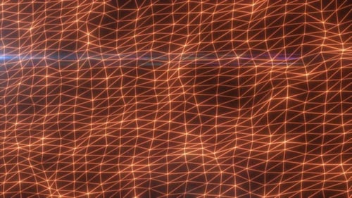 Abstraktes orangefarbenes Neonnetz mit leuchtendem dreieckigem Drahtgitter und Lichtreflexen