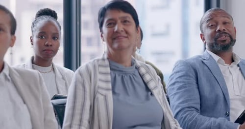 Business people, workshop or audience speaking in seminar for development or learning in workplace