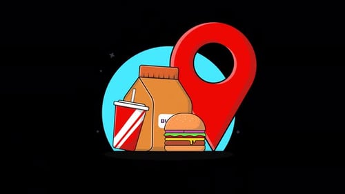 Flat Design Animation of Fast Food Delivery and Location Pin