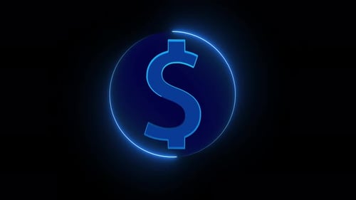 Animated glow cyan color dollar icon on black background motion graphics.