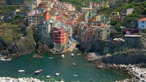 Aerial 4K footage of Riomaggiore, Cinque Terre in Italy.