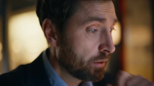 Closeup Thoughtful Employee Working Overtime Creating Project Freelancer Typing