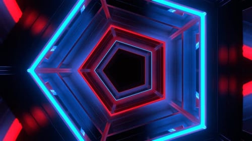Red And Blue Neon Mirrored Pentagonal Tunnel Background Vj Loop In 4K