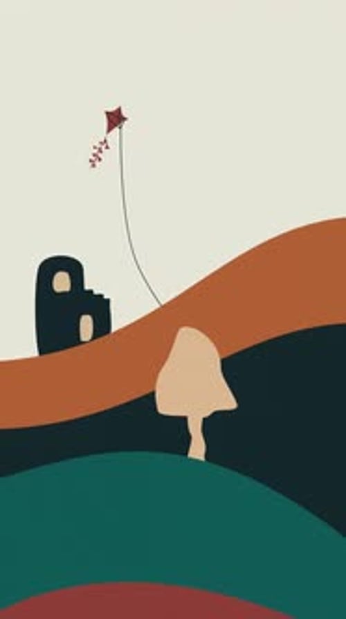 Abstract Flat Design Landscape with Flying Kite and Bird