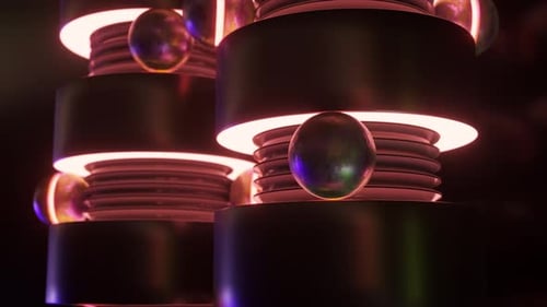 Estruturas metálicas iluminadas com orbes vibrantes em uma sequência de animação 3D sombria