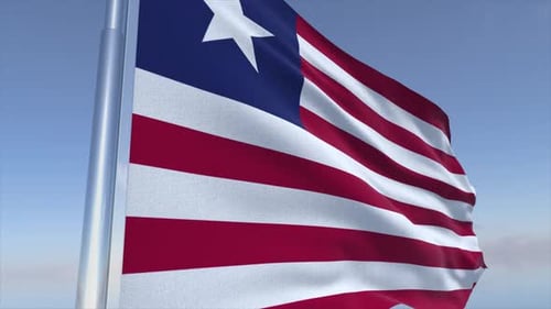 Realistic Liberia Flag Waving on a Flagpole in Blue Sky