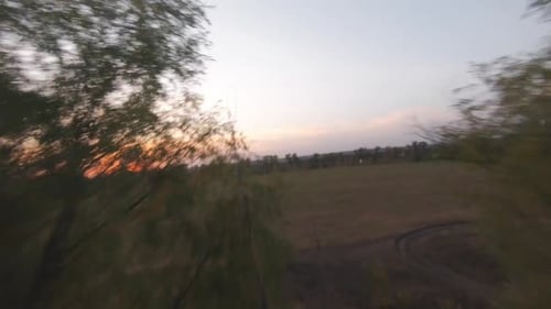Drone Flying Near Trees and Field at Sunset