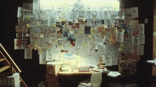 Workplace of Detective in Office with Evidence Board Hanging on the Wall