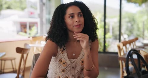 Remote work, idea and woman with tech in cafe for freelance job, feedback and digital report