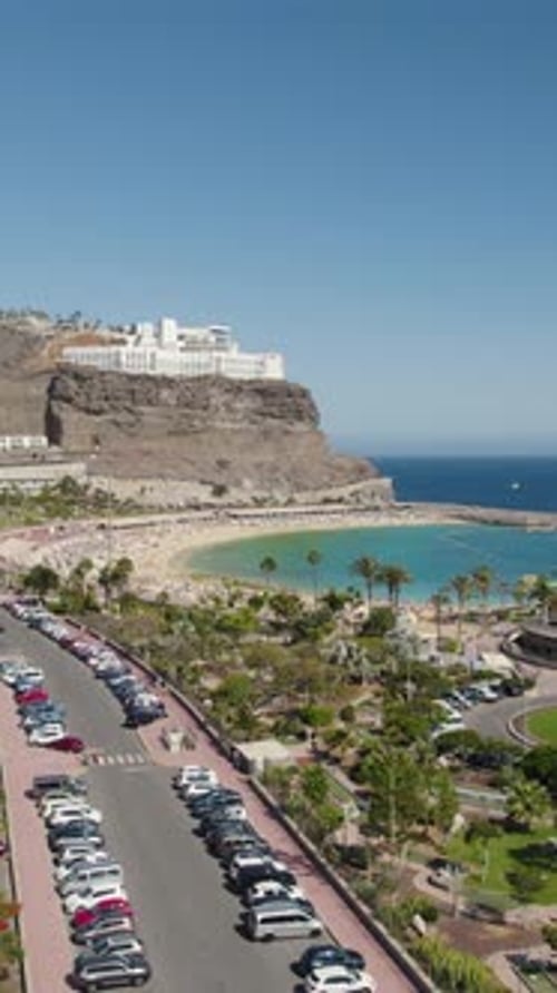 Vertical aerial of picturesque Amadores Beach, Gran Canaria
