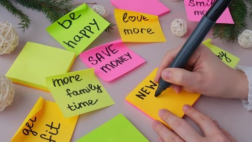 Female Hands Writing Handwritten New Year Resolutions Aims Goals on Sticky Notes Preparation for New