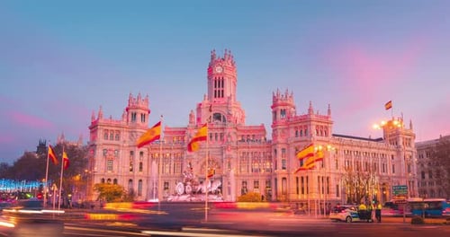 Timelapse Madrid city Hall and Cibeles fountain during sunset in winter. Christmas lights Madrid ci