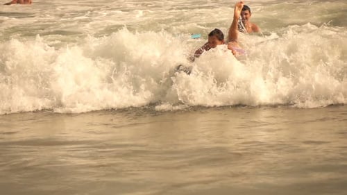 Woman Surfing On Board In Sea, Super Slow Motion 240fps