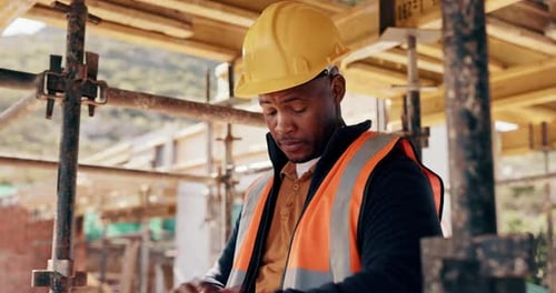 Construction, worker or check watch on site for late delivery, deadline stress or material shortage