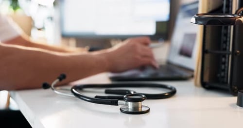 Stethoscope, healthcare and hands of doctor in hospital for cardiology consultation with diagnosis