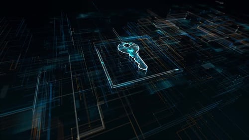 blue particle Key logo network security concept with grid line digital futuristic technology