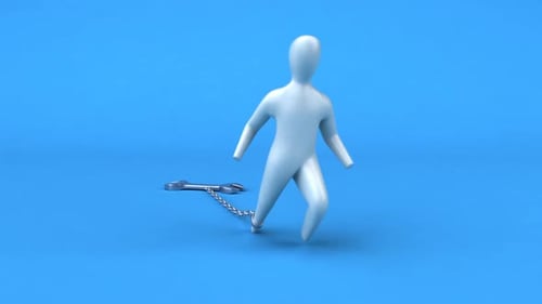 Animated Figure Held Back by Chain and Wrench