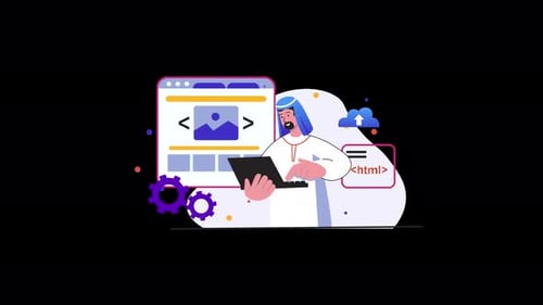 Arabischer Mann codiert auf einem Laptop mit Website-Elementen im Hintergrund